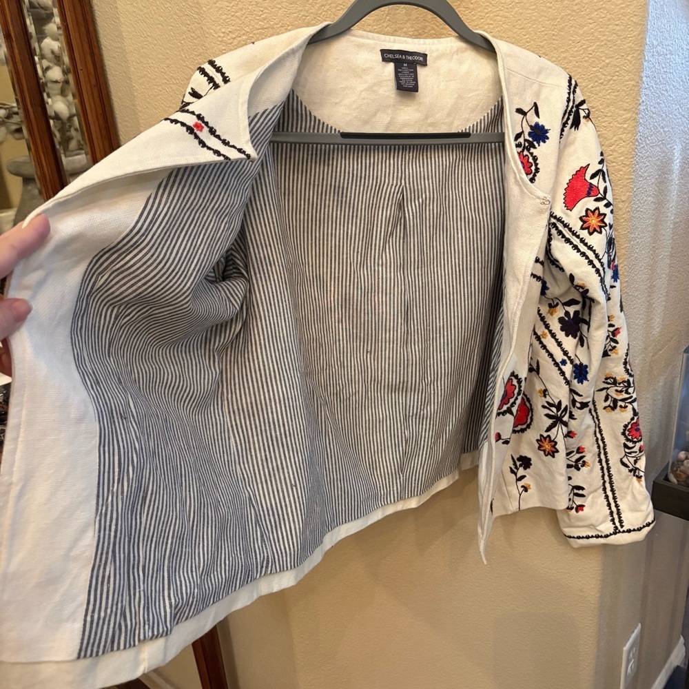 CHELSEA & THEODORE Women White Floral Embroidered Open Boho Jacket Size Medium - Picture 4 of 8
